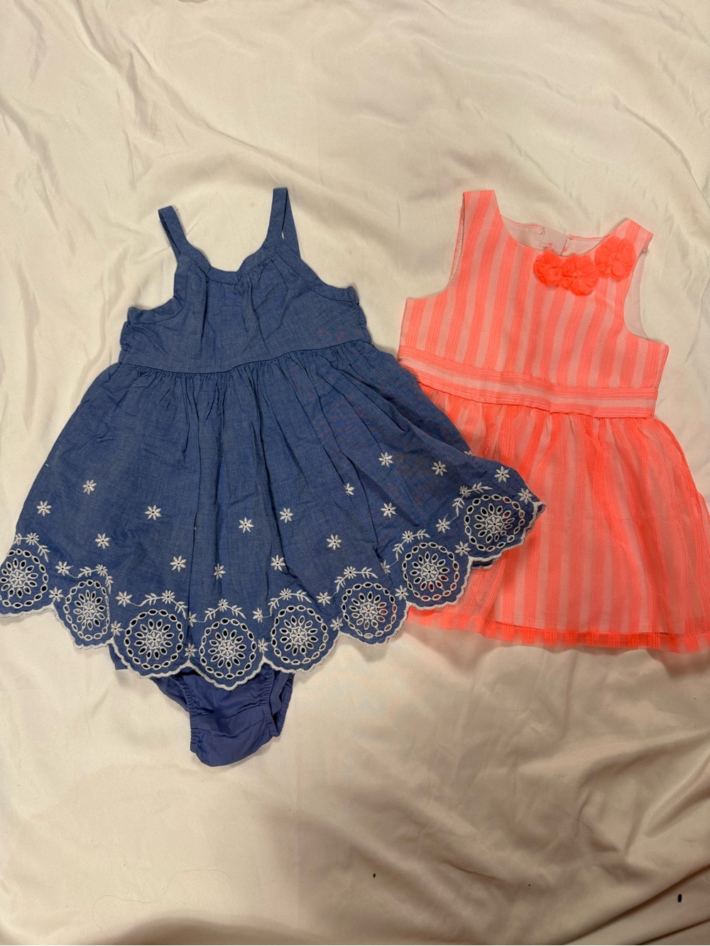 Cat & Jack Blue Embroidered Sundress & Neon coral Striped Dress Set